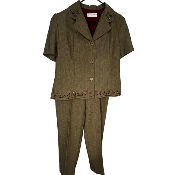 Sag Harbor 2 piece tan pant set with fall like flower embroidered on jacket/top - Picture 1 of 10